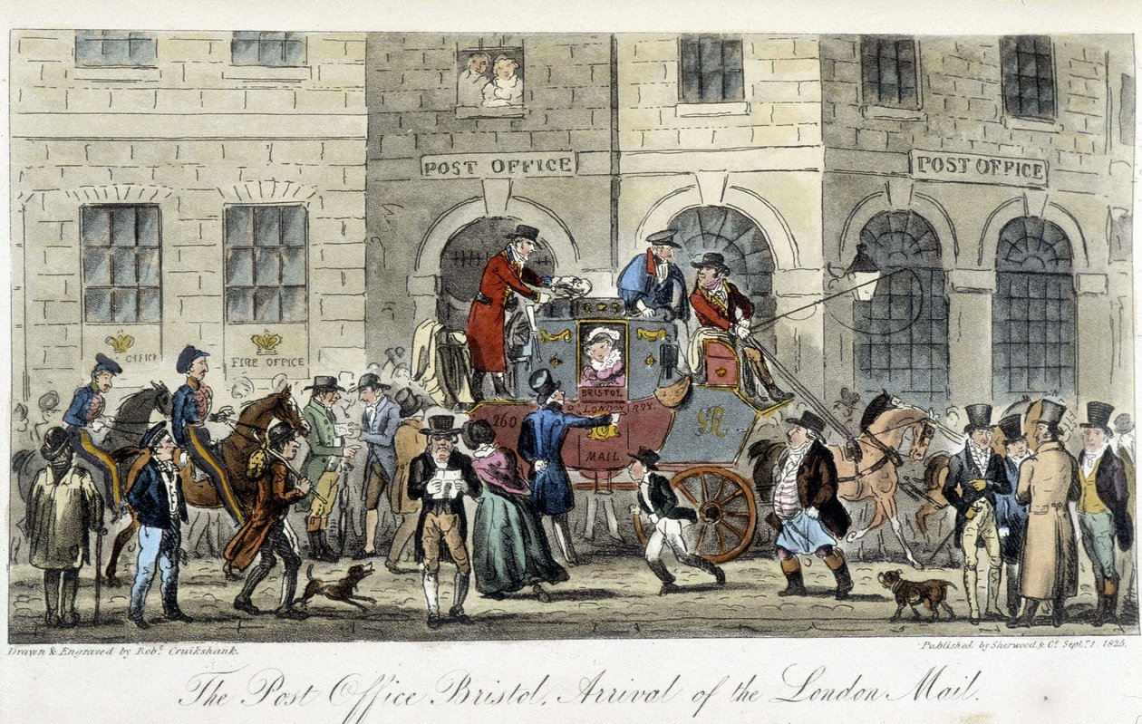 Posta Londonban: A Bristol posta, a londoni posta érkezése – Charles Molloy Westmacott „” The English Spy” című részében, Robert Cruikshank rajza, londoni kiadás alkotó: Isaac Robert Cruikshank