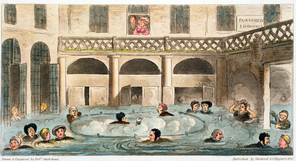 „Nyilvános fürdőzés Bathban, avagy élve párolás”, 1825 alkotó: Isaac Robert Cruikshank