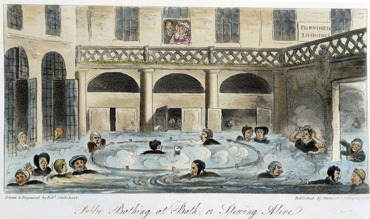 Nyilvános fürdő Londonban – Charles Molloy Westmacott „Az angol kém” című művében, Robert Cruikshank rajza, londoni kiadás alkotó: Isaac Robert Cruikshank