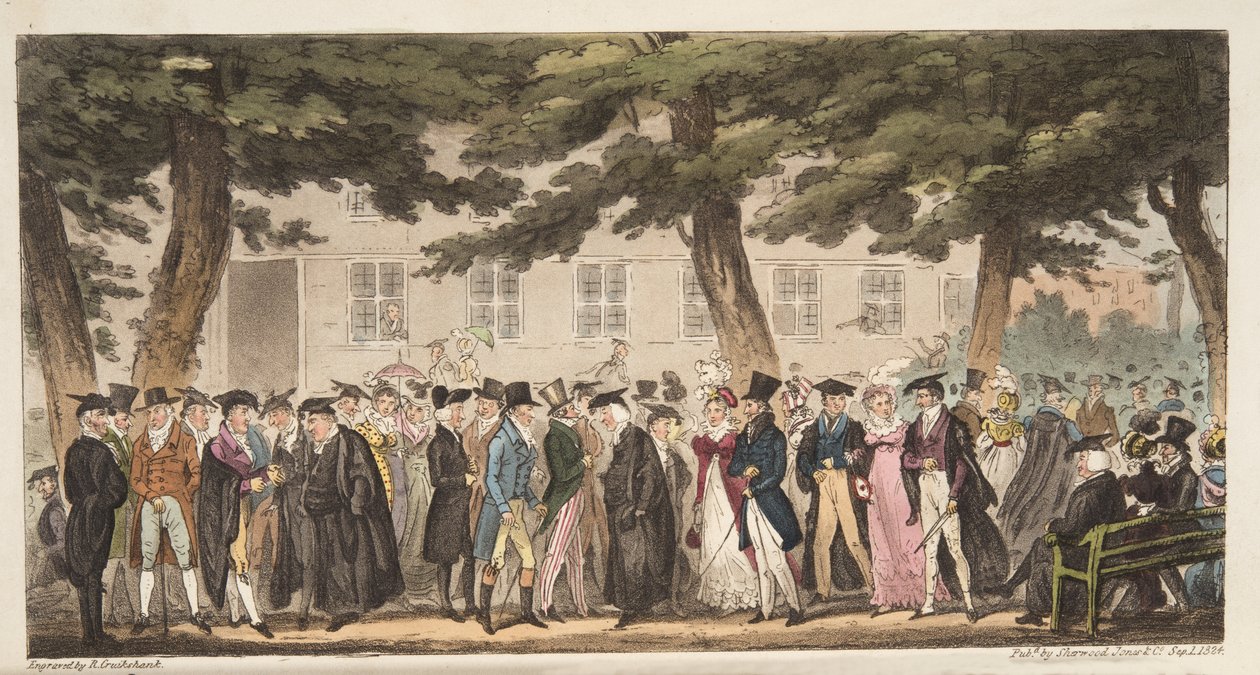 Show Sunday, A View in the Broad Walk, Christ Church Meadows, Oxford, The English Spy, pub. 1824 (kézzel színezett metszet) alkotó: Isaac Robert Cruikshank