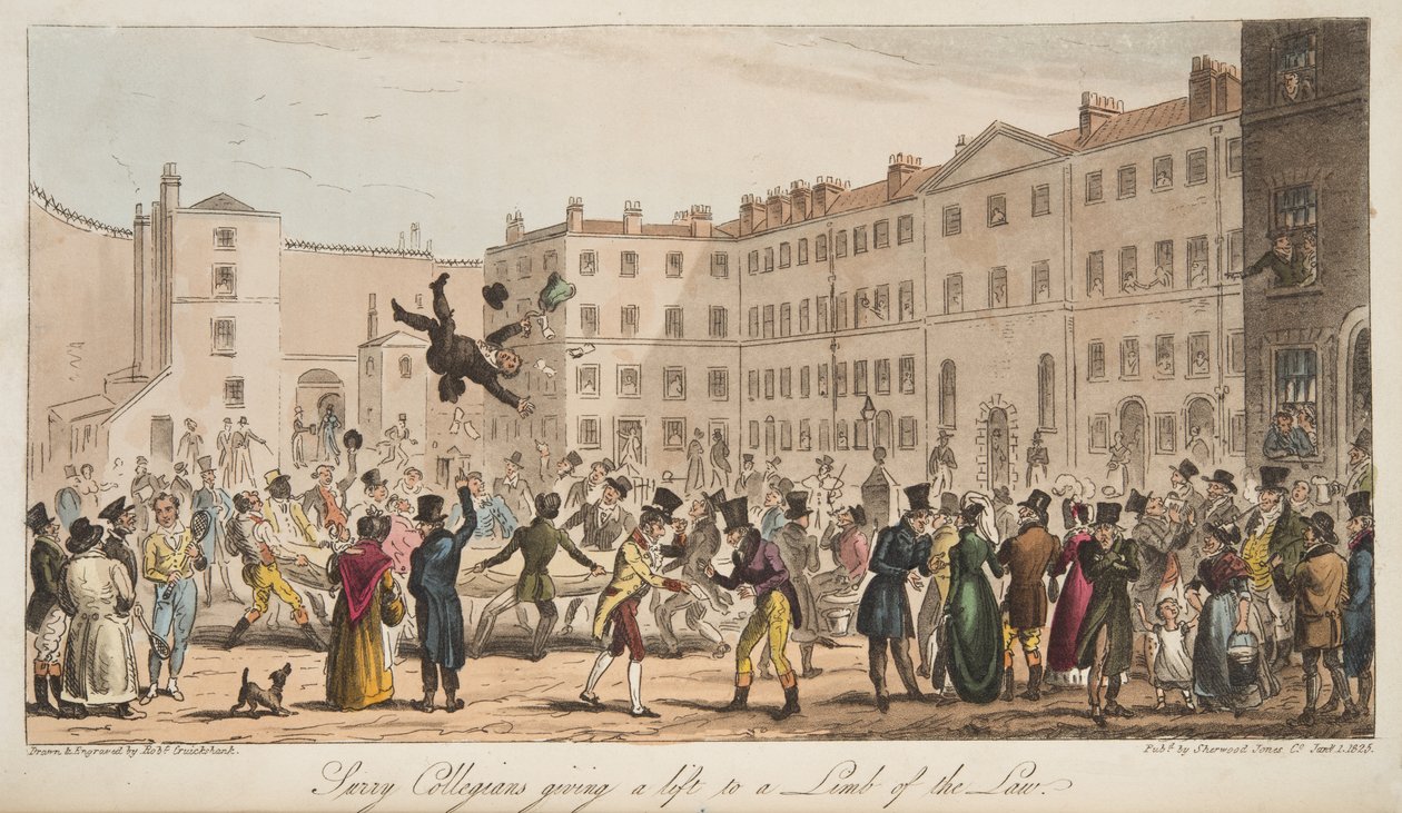 Surrey Collegians, aki felemeli a törvény egyik végét, az angol kémből, London, 1824 alkotó: Isaac Robert Cruikshank