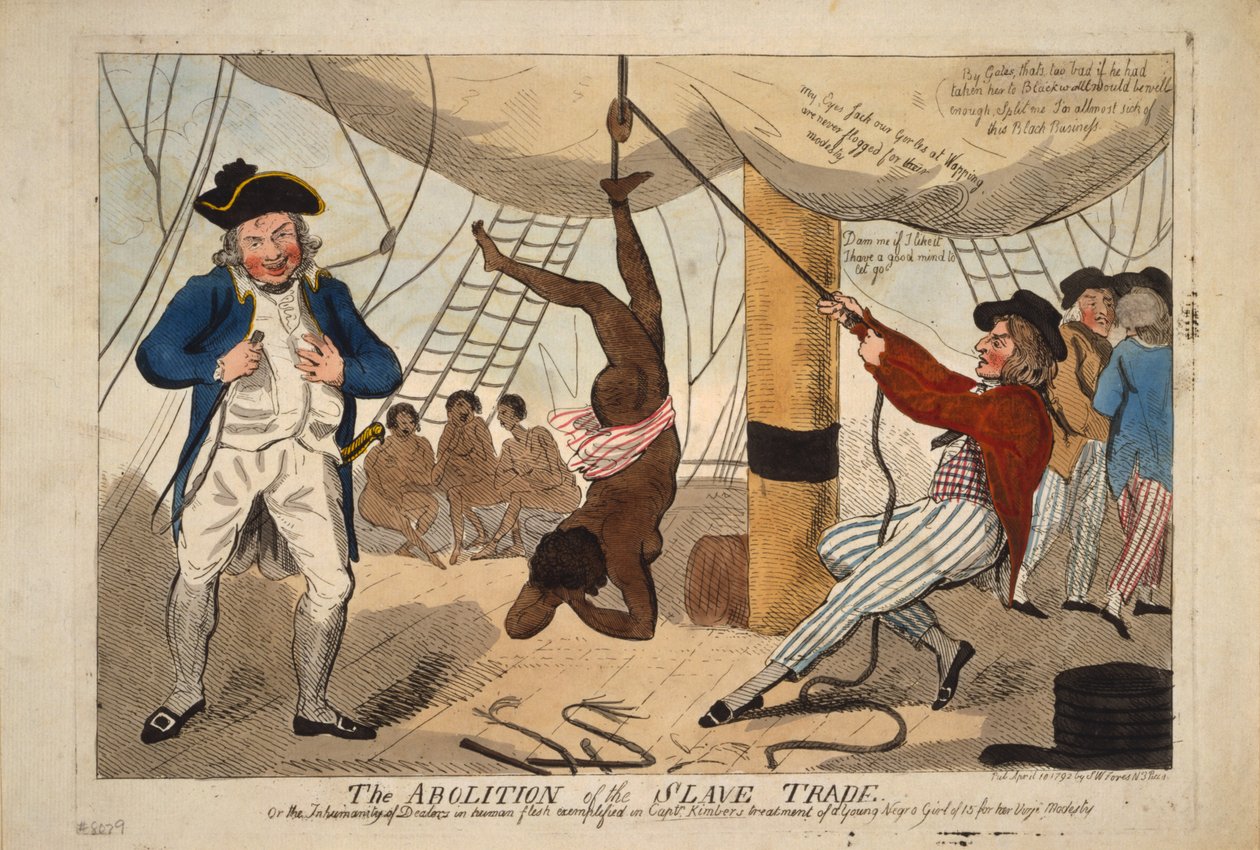 A rabszolga-kereskedelem felszámolása, vagy az emberhús-kereskedők embertelensége, amelyre példa a százados. alkotó: Isaac Robert Cruikshank