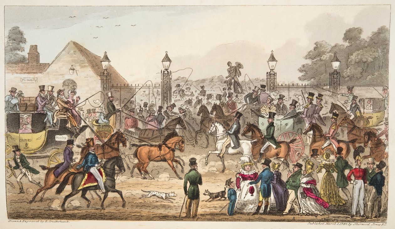 The Arrival, avagy nyugati bejárat Cockney Landba, Az angol kém 1824-ben megjelent könyvéből (kézzel színezett metszet) alkotó: Isaac Robert Cruikshank