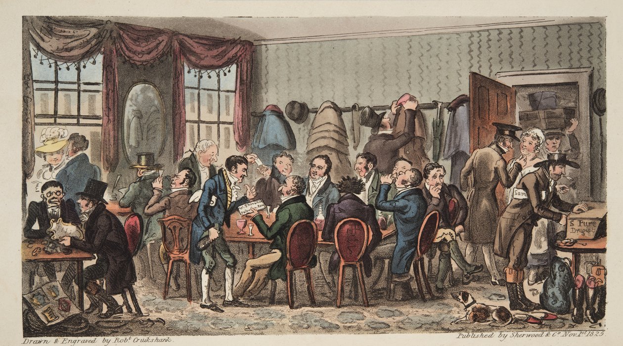 The Bags, Mens Banquet a Bell Innben, Cheltenhamban, az angol kémből, pub. 1824 (kézzel színezett metszet) alkotó: Isaac Robert Cruikshank