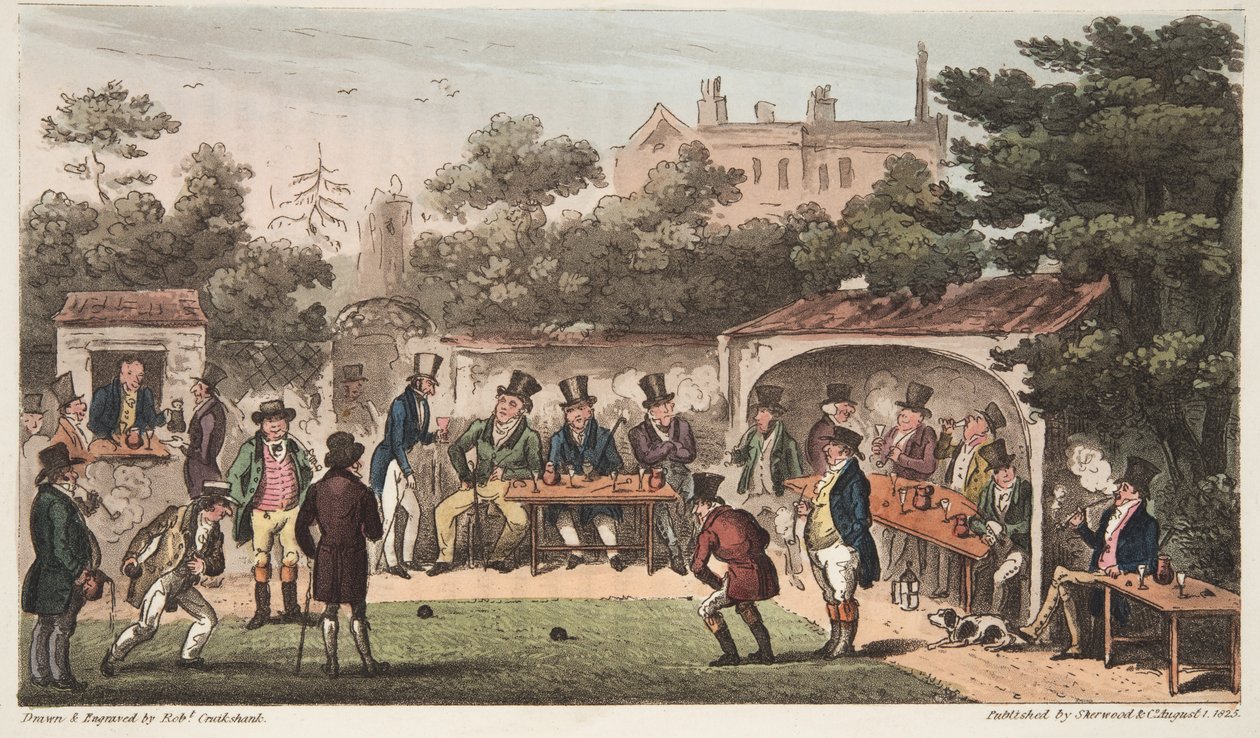 The Bowling Alley, Worcester, avagy a Kéz- és Kesztyűklub karakterei, Az angol kémből, London, 1824 (kézzel színezett metszet) alkotó: Isaac Robert Cruikshank