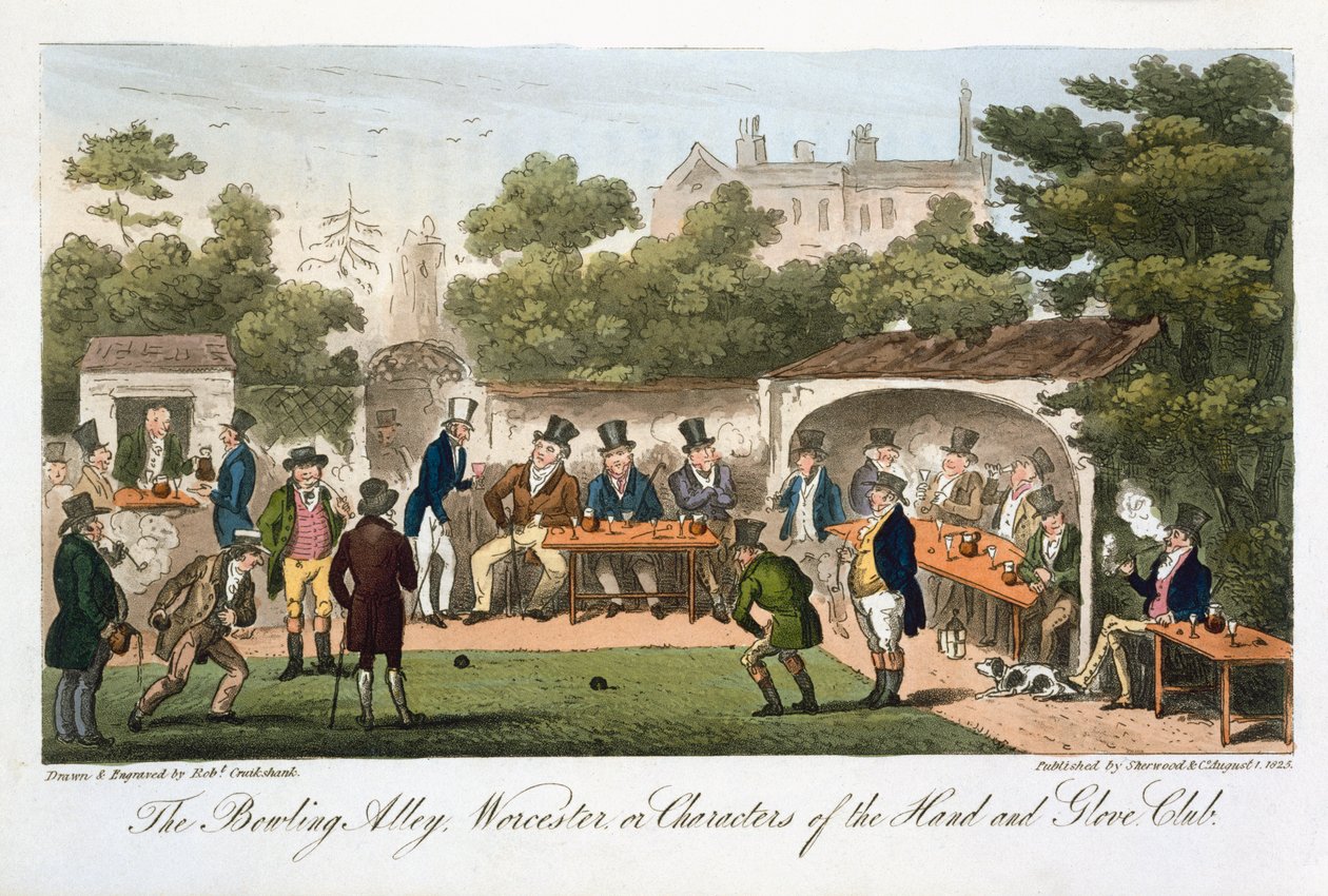 The Bowling Alley, Worcester, avagy a Kéz- és Kesztyűklub karakterei, Charles Molloy Westmacott (1788-1868) 1825-ben Londonban megjelent „Az angol kém”-ből alkotó: Isaac Robert Cruikshank