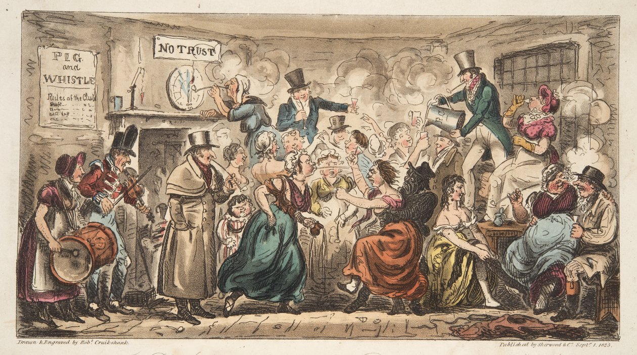 The Buff Club at the Pig and Whistle, Avon Street, Bath, The English Spy, pub. London, 1824 (kézzel színezett metszet) alkotó: Isaac Robert Cruikshank