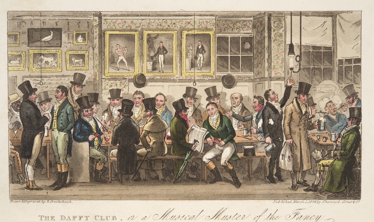 A Daffy Club, avagy egy zenei összeállítás a The English Spy pubból. 1824 (kézzel színezett metszet) alkotó: Isaac Robert Cruikshank