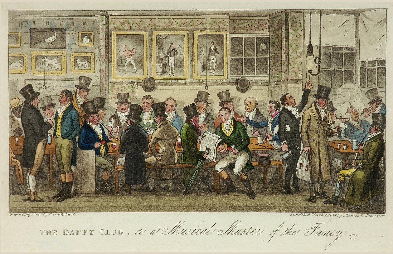 The Daffy Club, or a Musical Muster of the Fancy, megjelent 1824-ben (színes litográfia) alkotó: Isaac Robert Cruikshank