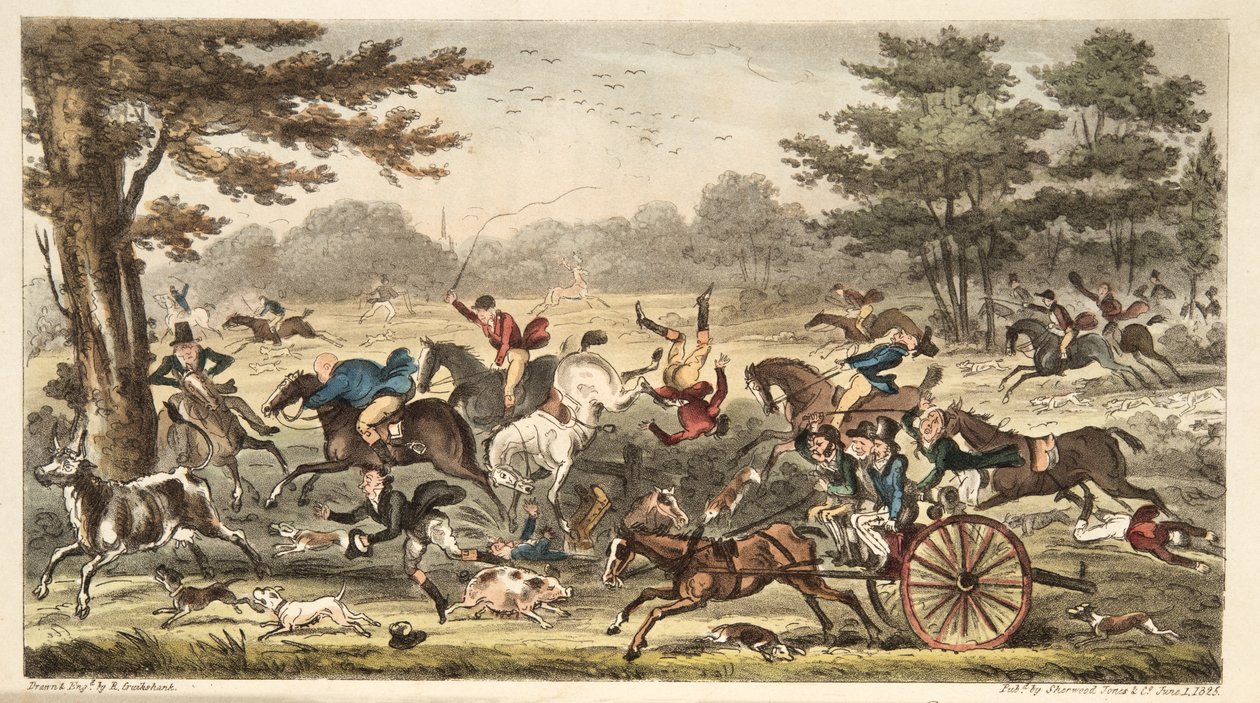 The Epping Hunt, vagy Cockney Comicalities teljes hajszában, az angol kémből, pub. 1824 (kézzel színezett metszet) alkotó: Isaac Robert Cruikshank