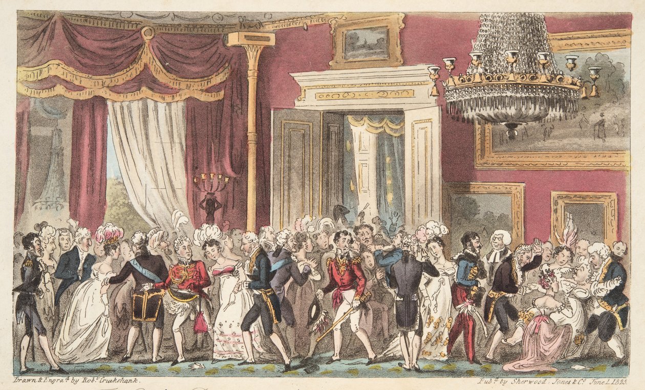 Az este a körteremben; vagy egy Squeeze at Carlton Palace, az angol kém, kocsma. 1824 (kézzel színezett metszet) alkotó: Isaac Robert Cruikshank