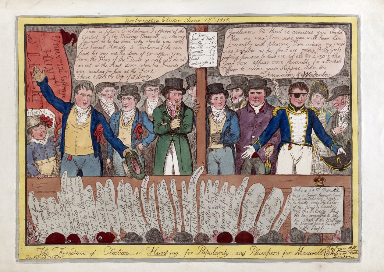 A választás szabadsága vagy vadászat a népszerűségre és a duzzadók Maxwell számára, pub. G. Humphrey, 1818 (kézzel színezett metszet) alkotó: Isaac Robert Cruikshank