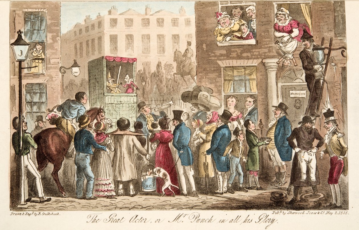 The Great Actor, vagy Mr Punch teljes dicsőségében, az angol kém kocsmából. 1824 (kézzel színezett metszet) alkotó: Isaac Robert Cruikshank