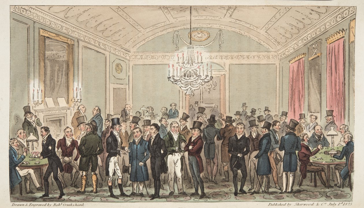 The Great Subscription Room at Brookes, The English Spy, pub. 1824 (kézzel színezett metszet) alkotó: Isaac Robert Cruikshank