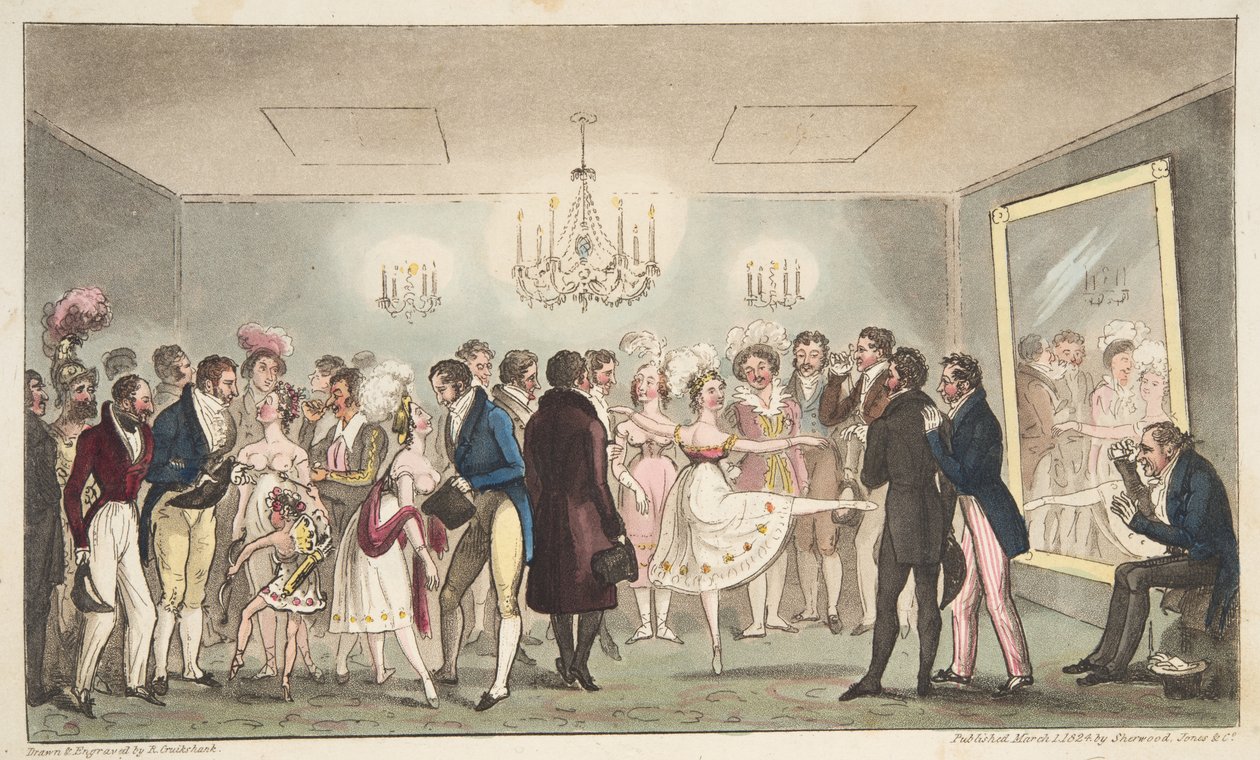 The Green Room of the Kings Theatre, avagy nemes amatőrök külföldi érdekességeket nézegetve, The English Spy, pub. 1824 (kézzel színezett metszet) alkotó: Isaac Robert Cruikshank