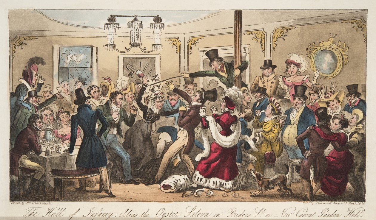 The Hall of Infamy, alias Oyster Saloon in Brydges-Street, vagy New Covent Garden Hell, az angol kémből, pub. 1824 (kézzel színezett metszet) alkotó: Isaac Robert Cruikshank