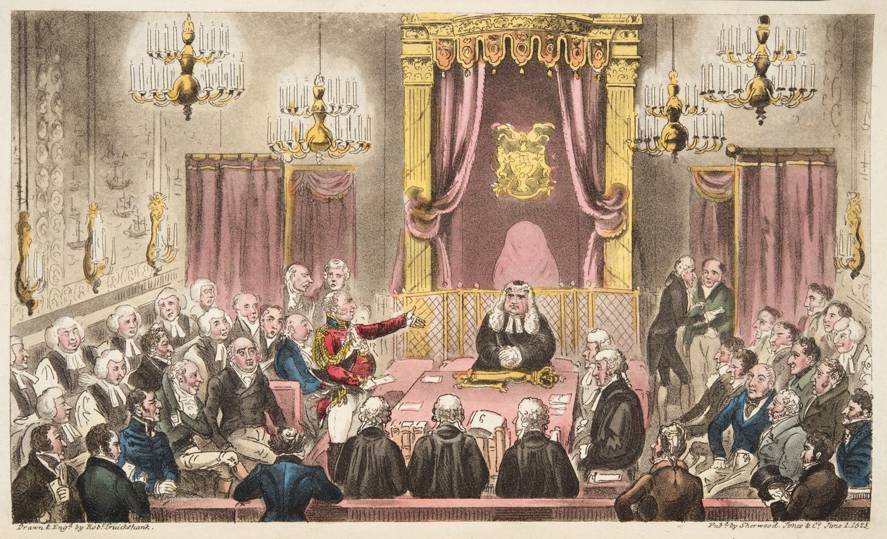 The House of Lords in High Debate, The English Spy, pub. 1824 (kézzel színezett metszet) alkotó: Isaac Robert Cruikshank