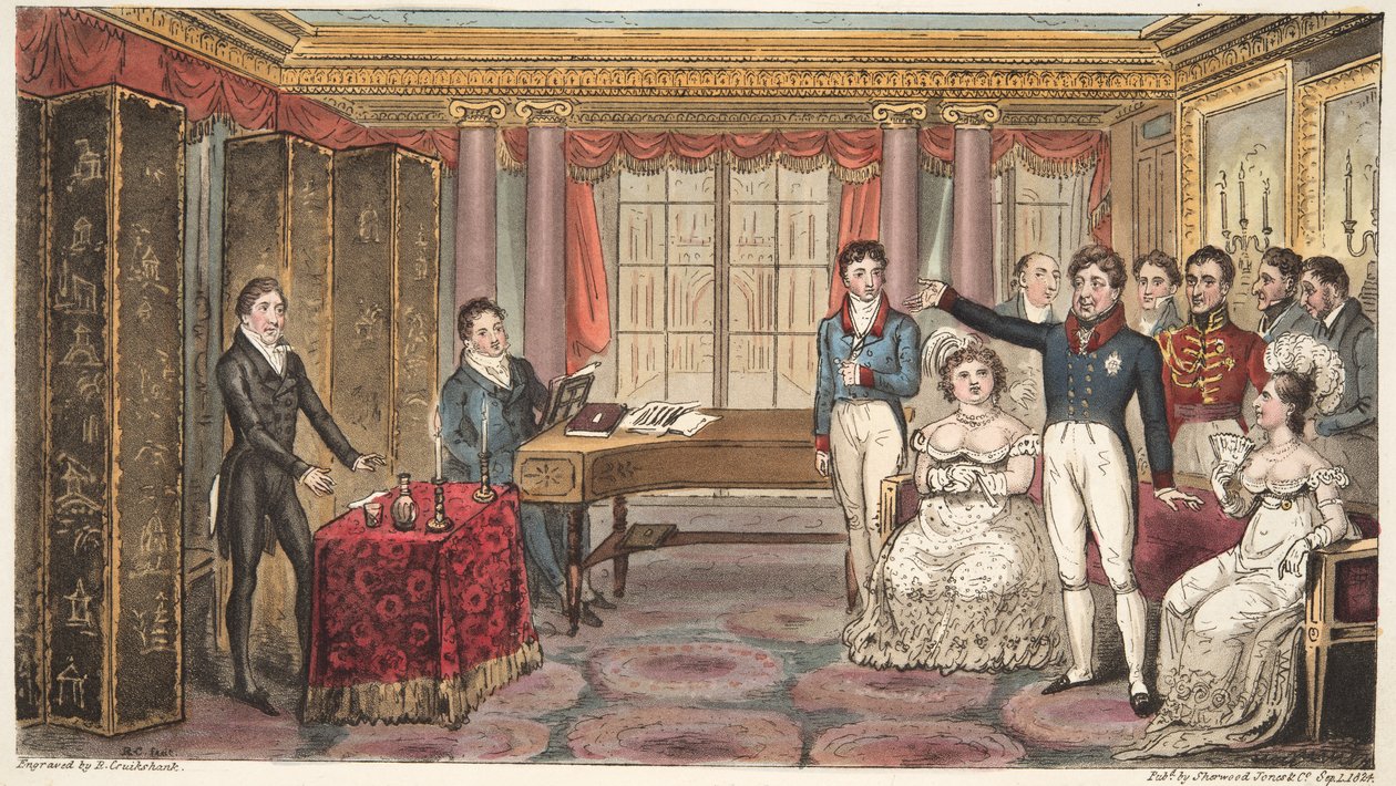 A király otthon, vagy Mathews a Carlton House-ban, Charles Westmacott Az angol kémből, 1824-ben (kézzel színezett metszet) alkotó: Isaac Robert Cruikshank