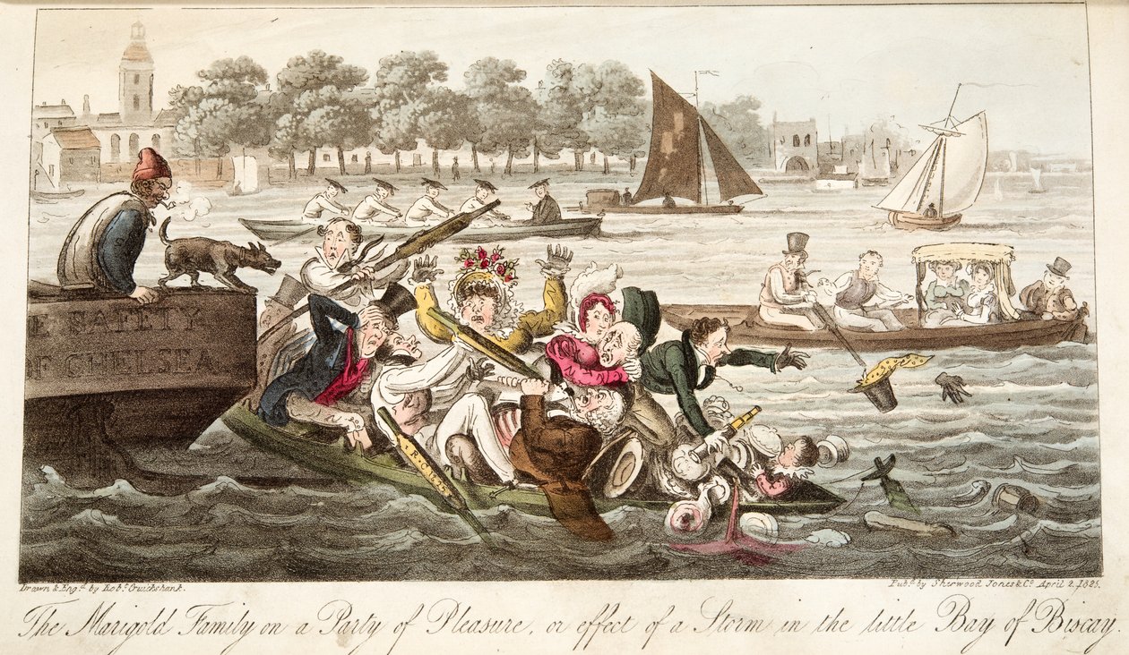 A körömvirág család egy örömpartin, vagy egy vihar hatása a kis Vizcayai-öbölben, az angol kémből, kocsmából. 1824 (kézzel színezett metszet) alkotó: Isaac Robert Cruikshank