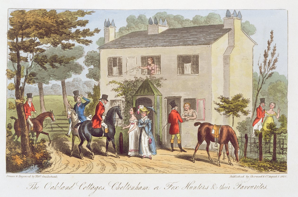 The Oakland Cottages, Cheltenham, avagy Rókavadászok és kedvenceik, Charles Westmacott „Az angol kém” című művéből, 1825-ben alkotó: Isaac Robert Cruikshank