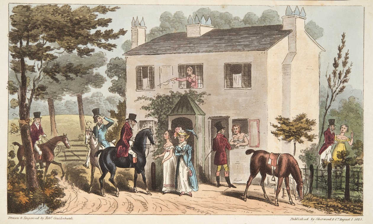 Az Oakland Cottages, Cheltenham, vagy a Fox Hunters és kedvenceik, az angol kém pubjából. 1824 (kézzel színezett metszet) alkotó: Isaac Robert Cruikshank