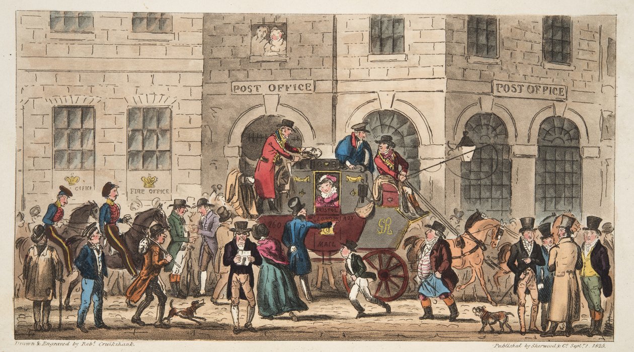 The Post Office Bristol, Arrival of the London Mail, The English Spy, London, 1824 alkotó: Isaac Robert Cruikshank