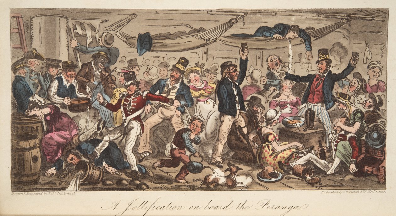 The Return to Port, The English Spy, pub. 1824 (kézzel színezett metszet) alkotó: Isaac Robert Cruikshank
