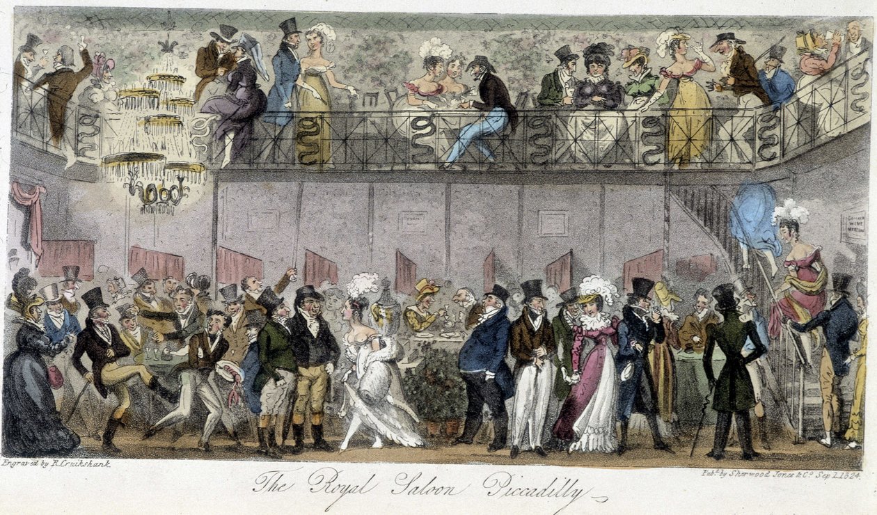The Royal Saloon Piccadilly – Charles Molloy Westmacott „Az angol kém” című filmjében, Robert Cruikshank rajza, London Edition alkotó: Isaac Robert Cruikshank
