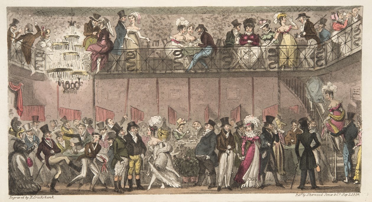 The Royal Saloon, Piccadilly, vagy egy óra az opera után, az angol kémből, 1824-ben (kézzel színezett metszet) alkotó: Isaac Robert Cruikshank