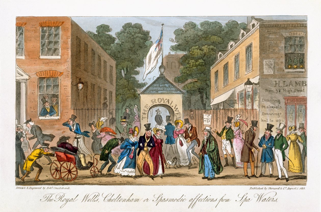 A Royal Wells, Cheltenham vagy Spa Waters görcsös vonzalma, Charles Molloy Westmacott (1788-1868) „The English Spy” című könyvéből, Londonban, 1825 alkotó: Isaac Robert Cruikshank