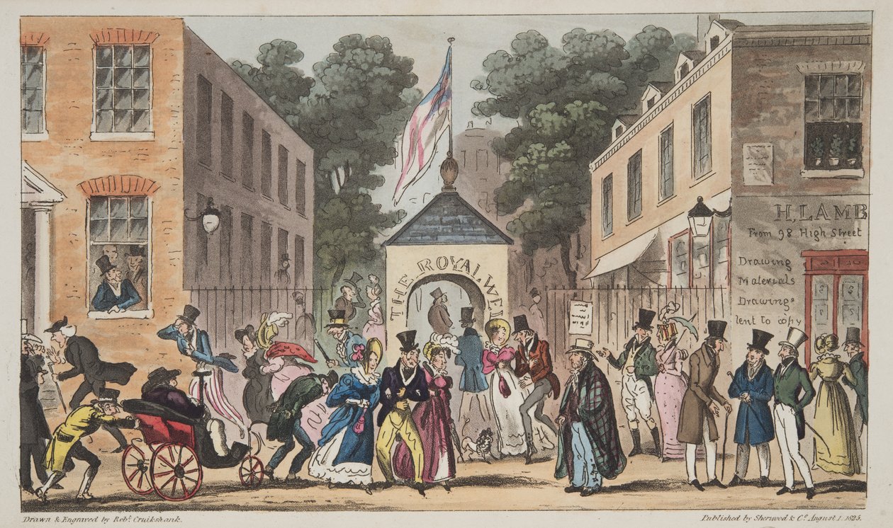 The Royal Wells, Cheltenham vagy görcsös vonzalmak a Spa Waterstől, az angol kémből, kocsmából. 1824 (kézzel színezett metszet) alkotó: Isaac Robert Cruikshank