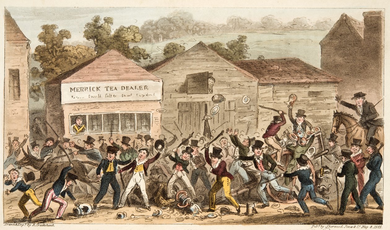 The Tea Pot Row at Harrow, vagy a Battle of Hog Lane, az angol kém, kocsma. 1824 (kézzel színezett metszet) alkotó: Isaac Robert Cruikshank