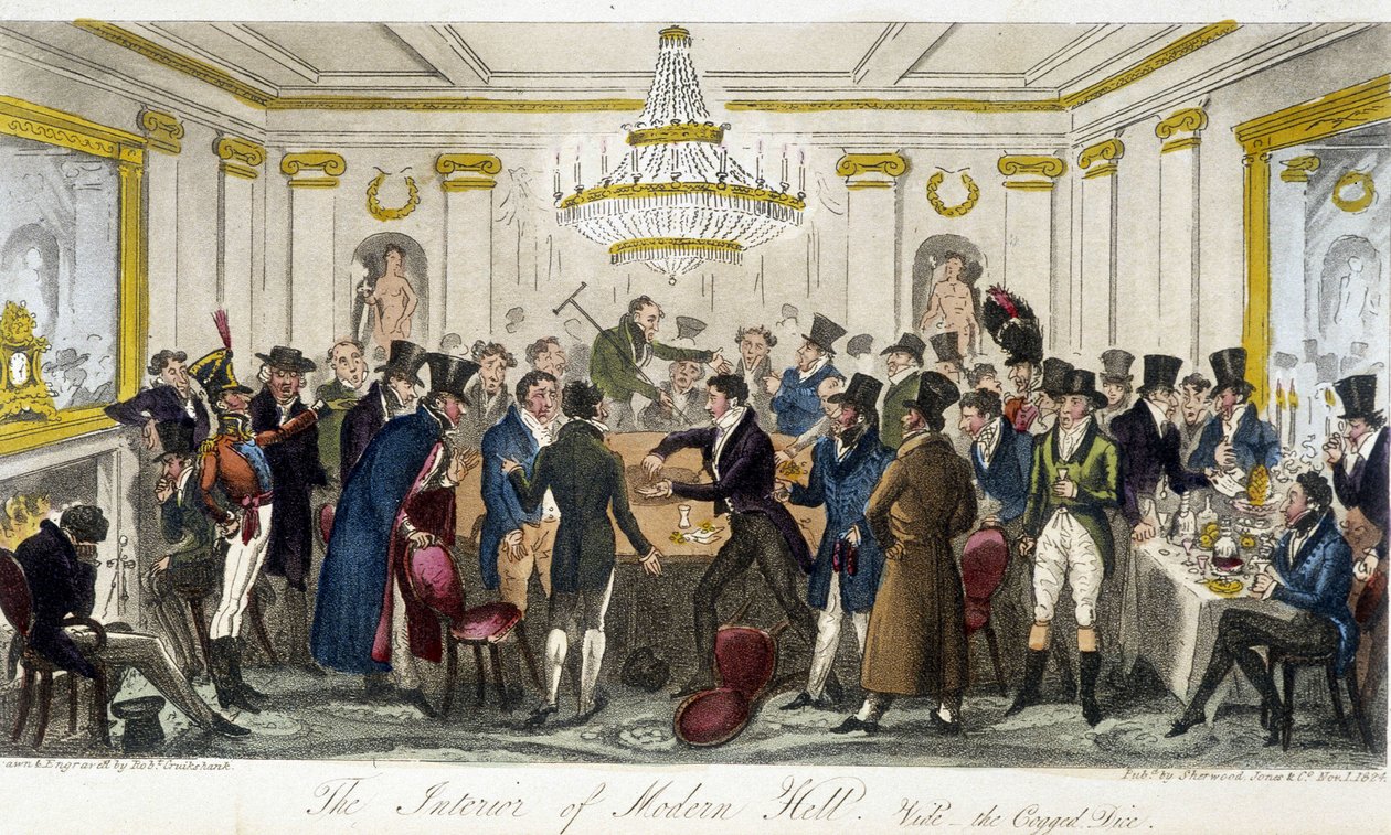 A Modern Hall belseje – Charles Molloy Westmacott „Az angol kém” című művében, Robert Cruikshank rajza, London Edition alkotó: Isaac Robert Cruikshank