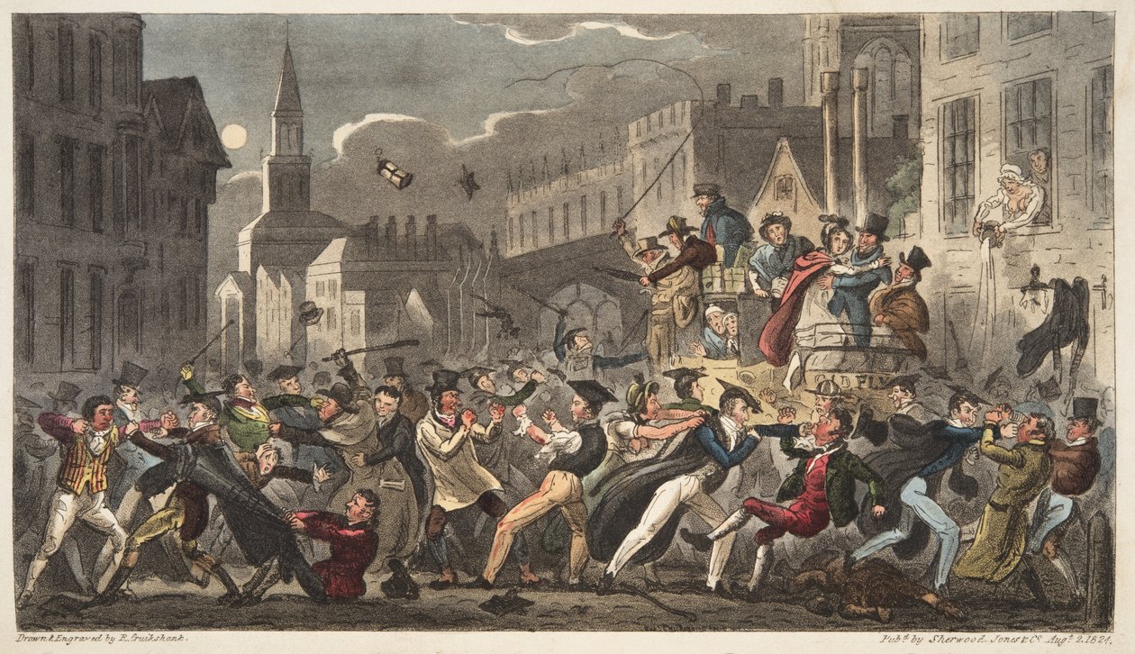 Town and Gown, az angol kémből, pub. 1824 (kézzel színezett metszet) alkotó: Isaac Robert Cruikshank
