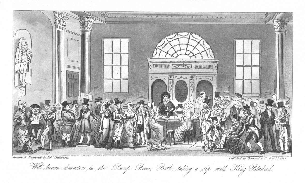 Jól ismert karakterek a szivattyúszobában, fürdőben, kortyolgatnak Bladud királlyal, 1825 alkotó: Isaac Robert Cruikshank
