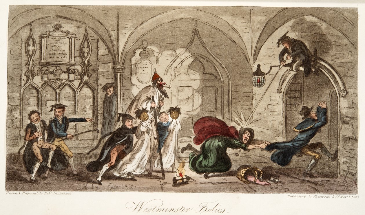 Westminster Frolics, az angol kémből, pub. 1824 (kézzel színezett metszet) alkotó: Isaac Robert Cruikshank