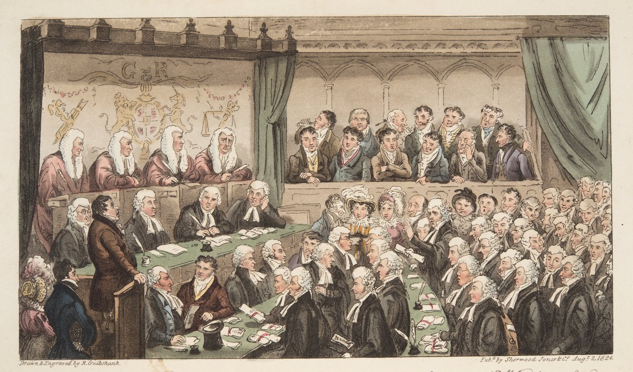 Westminster Hall, az angol kémből, pub. 1824 (kézzel színezett metszet) alkotó: Isaac Robert Cruikshank