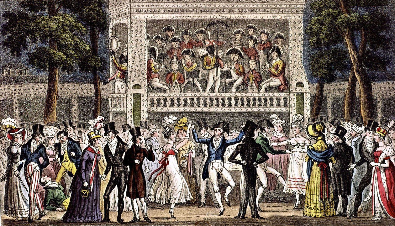 Bál a londoni Vauxhall kertben c. 1830, metszet alkotó: Isaac Robert & George (1792 1878) Cruikshank