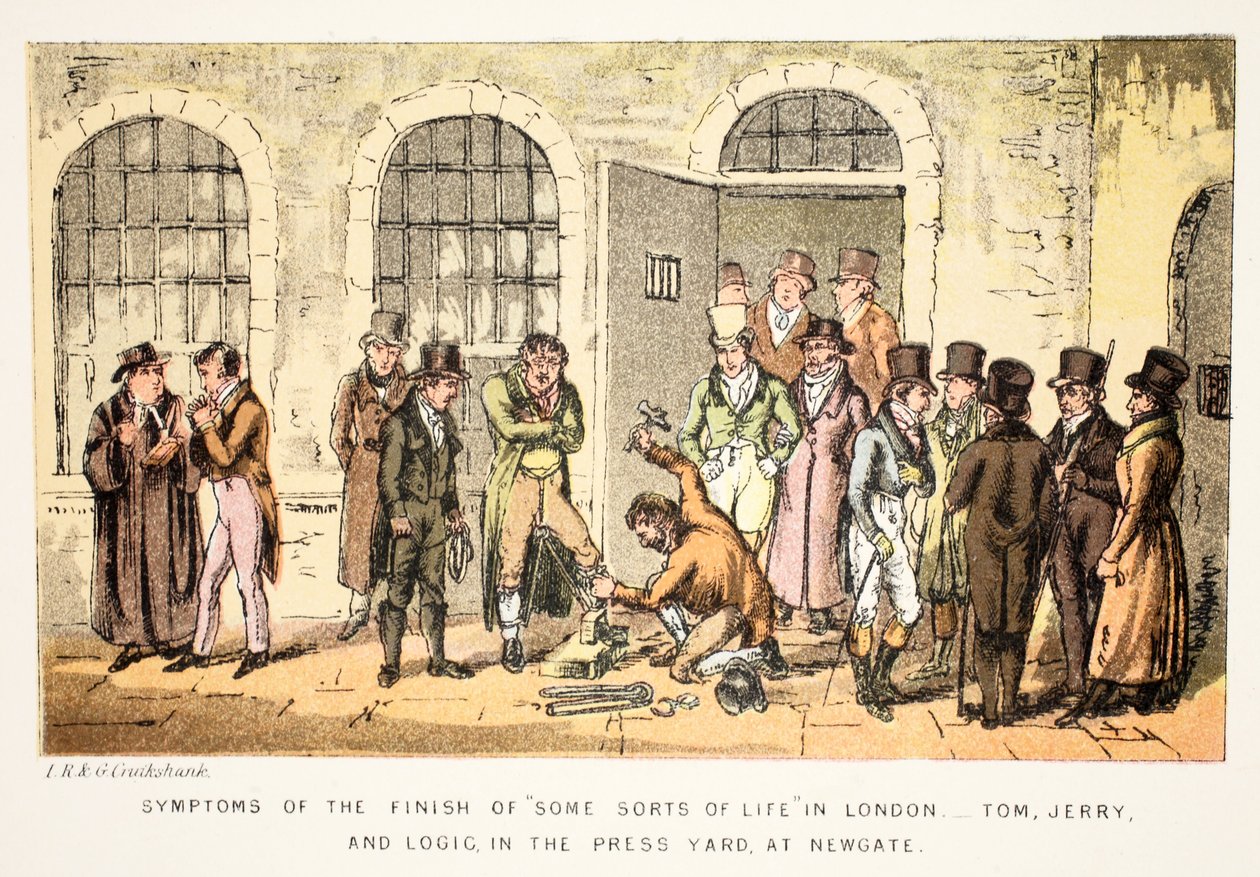 A "Néhányféle élet" befejezésének tünetei Londonban – Tom, Jerry és Logic, a Press Yardban, Newgate-ben, Tom és Jerry élete Londonban alkotó: Isaac Robert and George Cruikshank