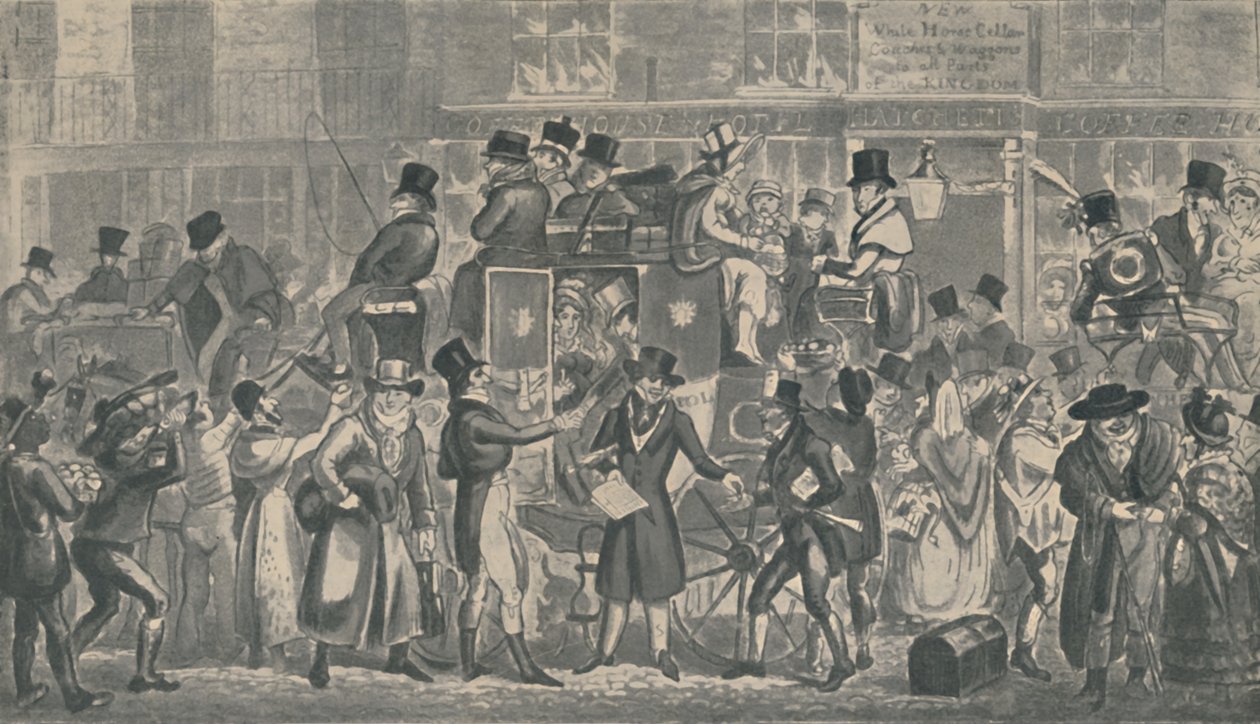 Outside White Horse Cellar, Piccadilly, 1821, 1920. Művészek: Isaac Robert Cruikshank, George Cruikshank. alkotó: Isaac, Robert and George Cruikshank