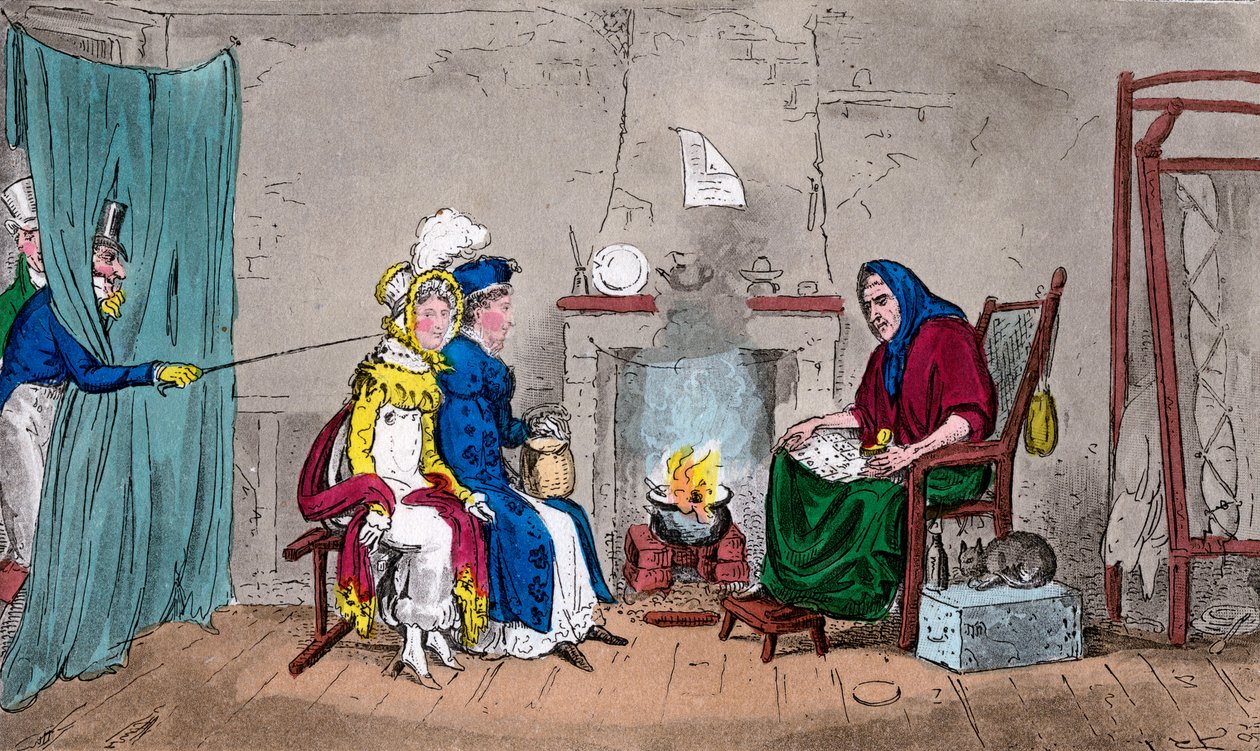 Tom és Jerry, menet közben elkapják Kate-et és Sue-t, akiknek szerencséjükről beszélnek, 19. század. alkotó: Isaac, Robert and George Cruikshank