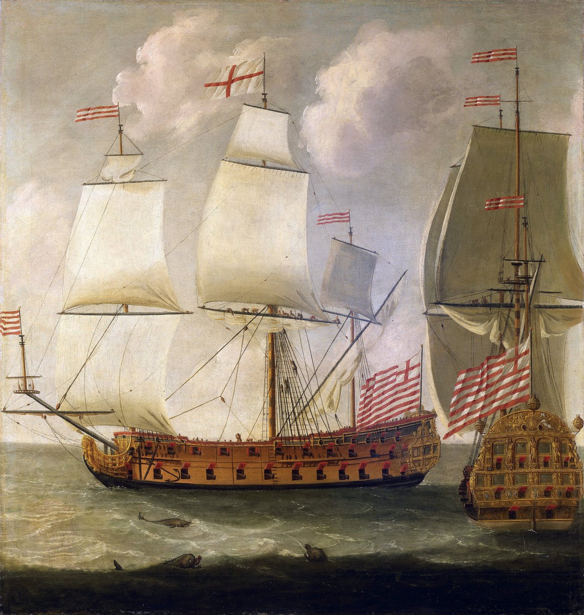 Az "Indiaman" nevű fegyveres hajó kettős leírása III. Vilmos (III. Vilmos) angol király (1650-1702), a Kelet-indiai Társaság idejéből. alkotó: Isaac Sailmaker