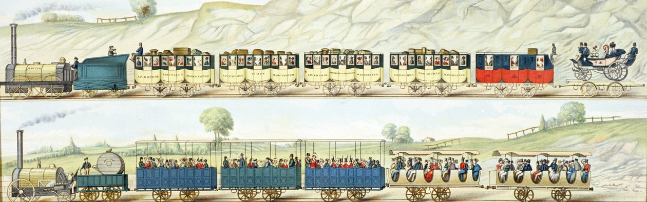Utazás a liverpooli és manchesteri vasúton, S.G. Hughes metszete, 1831 körül alkotó: Isaac Shaw