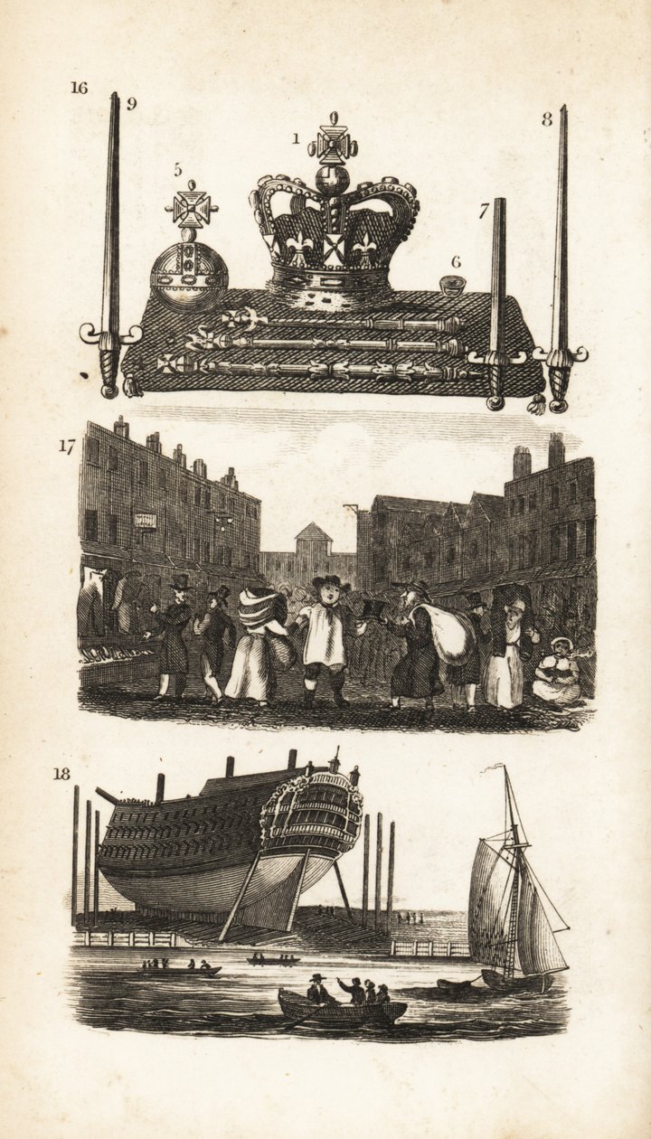 Ékszeriroda a Tower of Londonban, Rongyvásár, Régi ruhák és Hajóépítés alkotó: Isaac Taylor