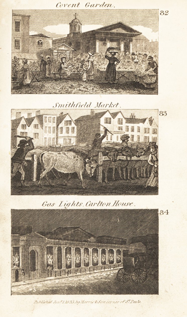 Kereskedelem a Regency Englandben: Covent Garden, Smithfield Market és gázlámpák a Carlton House-on alkotó: Isaac Taylor