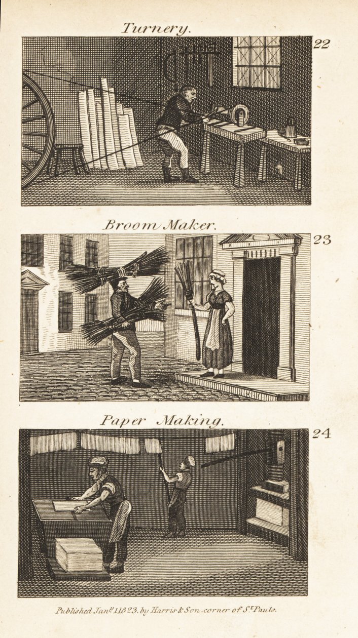 Kereskedelem a Regency Englandben: esztergályos, seprűkészítő és papírgyártás alkotó: Isaac Taylor