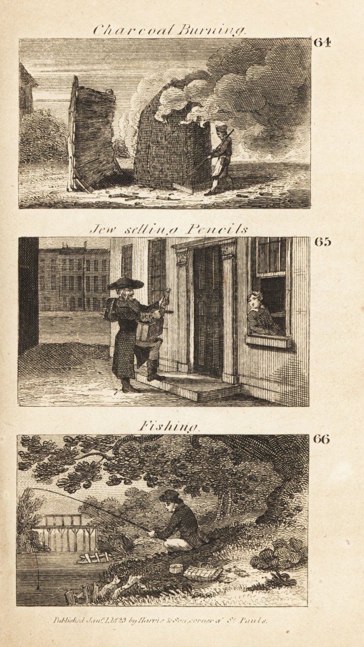 Kereskedelem a Regency Englandben: szénégetés, zsidók ceruzát árulnak és horgászat alkotó: Isaac Taylor