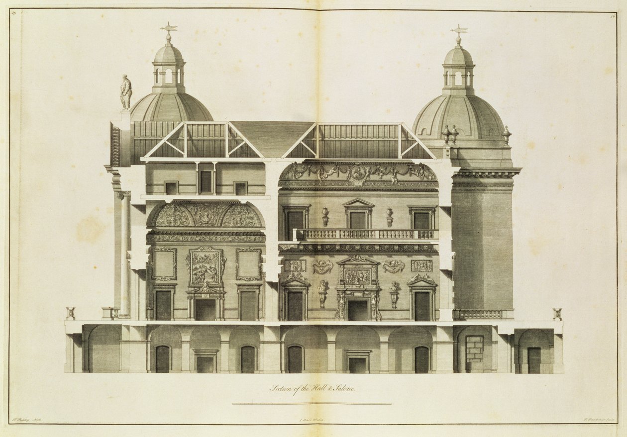 Houghton Hall: a Hall és a Szalon keresztmetszete, Pierre Fourdrinier metszet, 1735 (lásd még: 64903 és 64904) alkotó: Isaac Ware