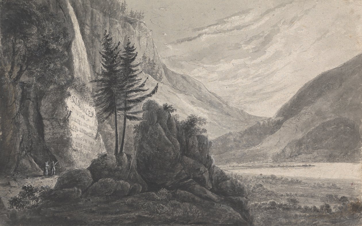 Hegyvidéki táj Salomon Gessner felirattal (Svájc) alkotó: Isaac Weld