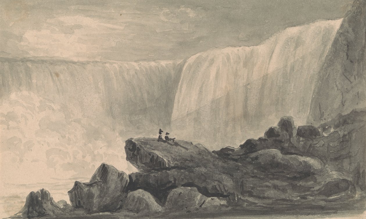 Kilátás a Niagara-vízesésre, két alak ül a Rock Center előterében alkotó: Isaac Weld